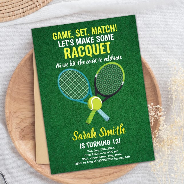 Cartão de Festa Desportiva para Meninos ou Meninas (Light Green Blue Tennis Birthday Invitations)