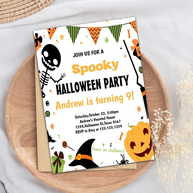 Cartão de Festa Divertida para Crianças ou Adultos (Orange Halloween Birthday Invitations)