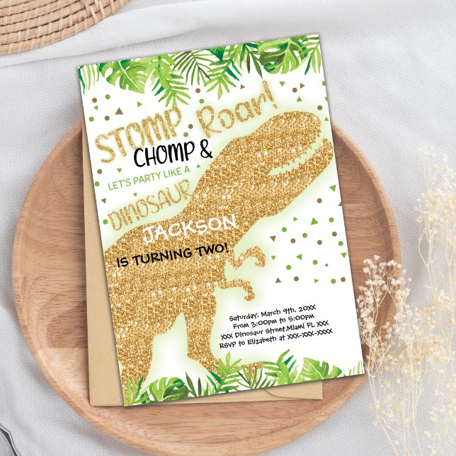 Cartão de festa itinerante para crianças (Green Gold Glitter Dinosaur Birthday Invitations)