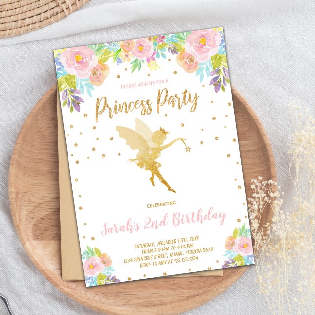 Cartão de Festa Mágica Personalizada para Rapariga (Fairy Glitter Princess Birthday Invitations)