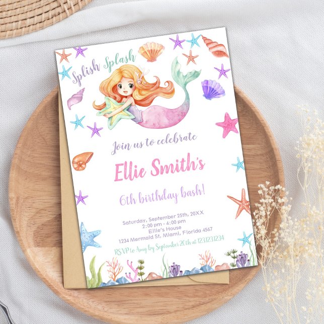 Cartão de Festa para Meninas, Cute Ocean Themed (Pink Under the sea Mermaid Cards)