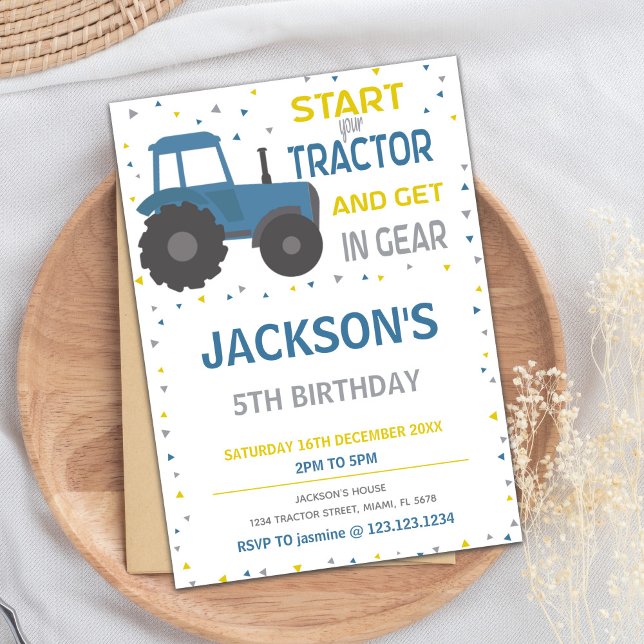 Cartão de Festa Tema de fazenda para Meninos ou Ra (Blue Tractor Birthday Invitations)