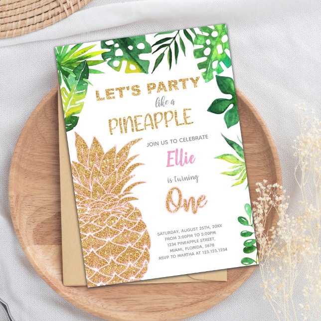 Cartão de Festa Tropical Glam Summer (Golden Glitter Pineapple Invitations)