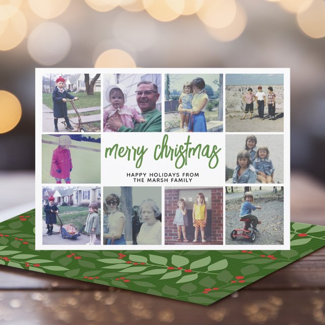 Cartão De Festividades 10 Colagem de Fotos - Feliz Natal Botânico Verde (Modern online Christmas Card with 10 Photos and botanical back - download option)