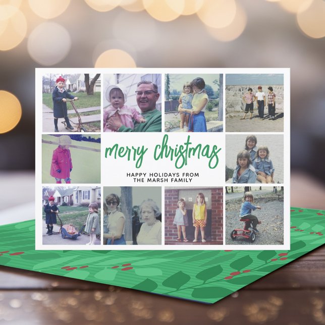 Cartão De Festividades 10 Colagem de Fotos - Feliz Natal Botânico Verde (Add 10 Photos to this modern, whimsical Christmas Card)