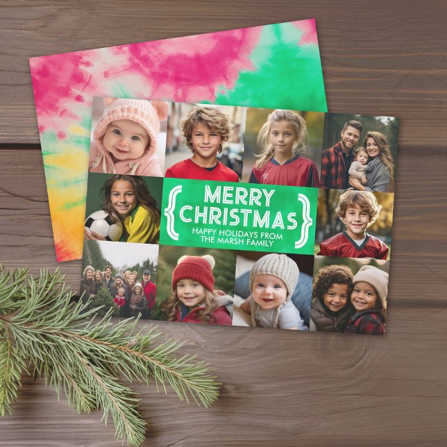 Cartão De Festividades 10 Colagem de Fotos - Feliz Natal Mod Morre (Modern online Christmas Card with 10 Photos and tie dye accents for the greeting - download option)