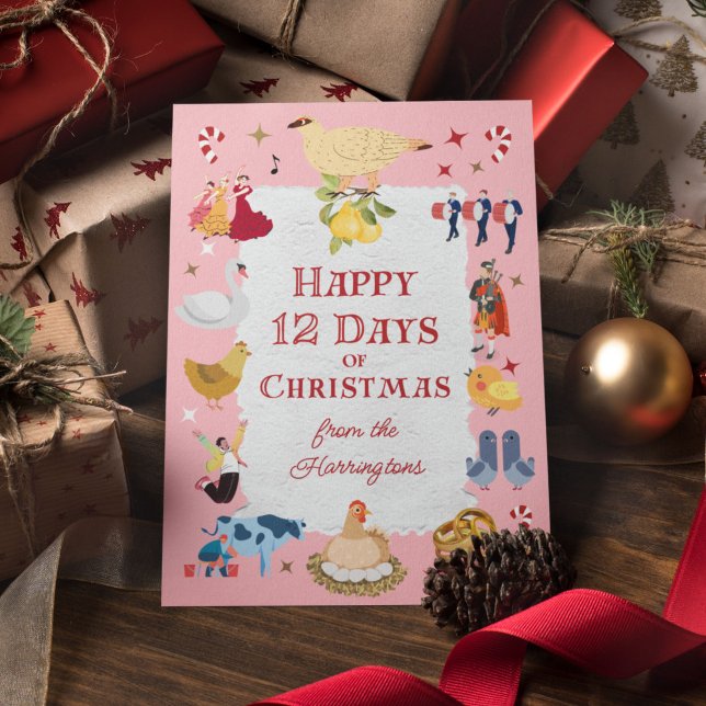Cartão De Festividades 12 Days of Christmas Retro Mid-Century Traditional (On this whimsical card, "12 Days of Christmas" images appear against a pastel pink background.)