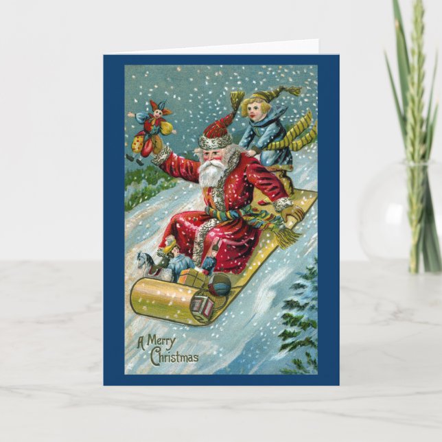 Cartão De Festividades 1907 Santa Claus on Toboggan (Frente)