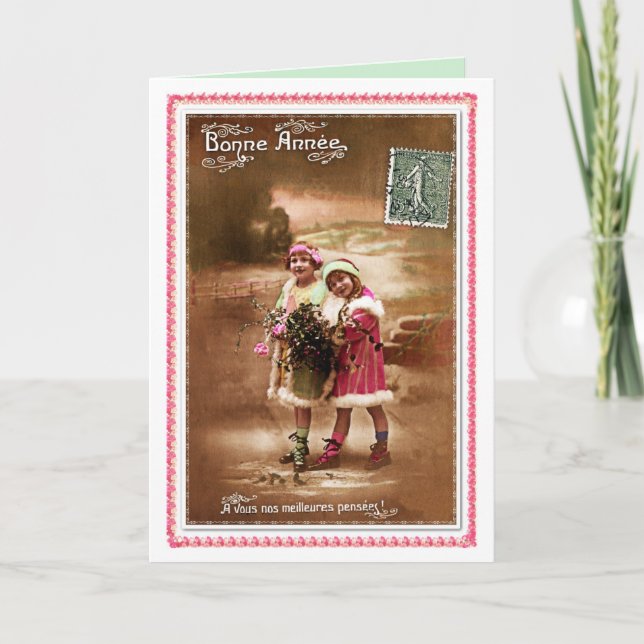 Cartão De Festividades 1910 French Happy new Year by 2 cute little girls (Frente)