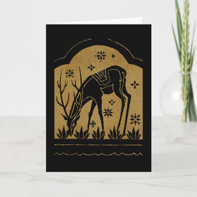 Cartão De Festividades 1920's Gold Deer Grazing Deco Xmas Card (Frente)