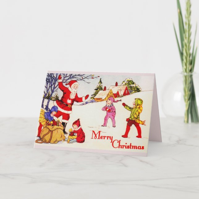 Cartão De Festividades 1920's Santa and Children Playing in the Snow (Frente)