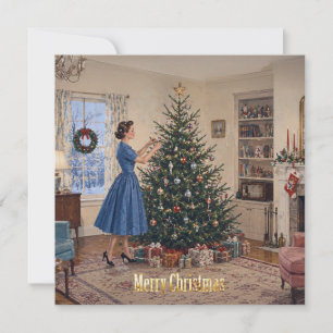 Cartão De Festividades 1950 Senhora Decorando Árvore de Natal Feliz Natal