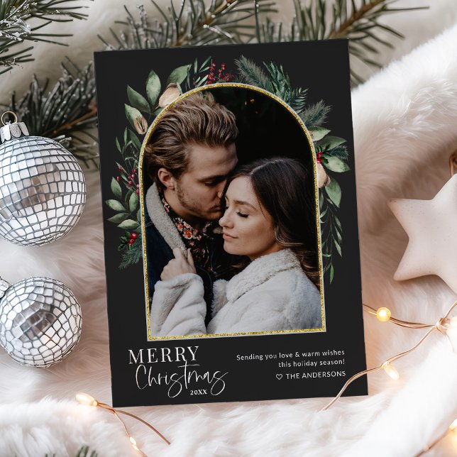 Cartão De Festividades 1 Foto Arco de Natal Moderno em Verde e Dourado (Criador carregado)