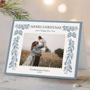 Cartão De Festividades 1 Foto Azul Branco Feliz Natal Guirlanda de Azevin