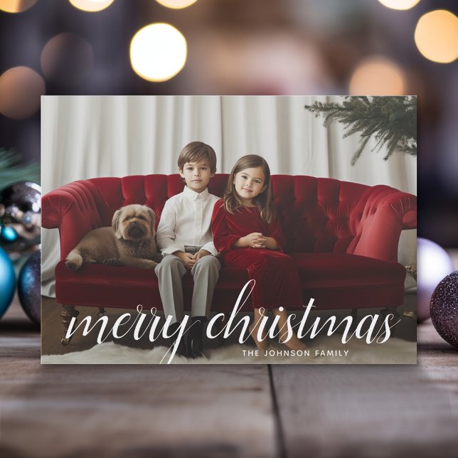 Cartão De Festividades 1 Foto Feliz Natal Script White Damask (Modern Christmas Photo Greeting Card)