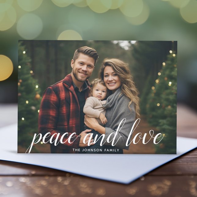 Cartão De Festividades 1 Foto Natal Script White Damask Peace (Modern script type over a Christmas Photo --- You can download this card and post it to social media)