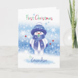 Cartão De Festividades 1st Christmas, Grandson, Snow baby with Pacifier<br><div class="desc">The illustration on this very sweet Christmas card for a little Grandson's 1st Christmas is that of a cute snow baby with pink chubby cheeks and a red nose. Wearing a blue woollen hat, matching scarf and mittens, he happily sucks on a baby's pacifier (dummy) as he stands against a...</div>