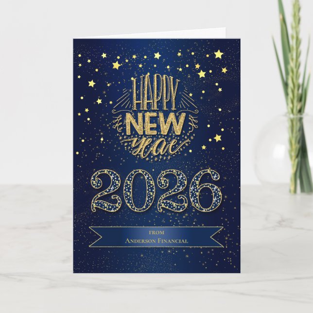 Cartão De Festividades 2023 Ano Novo Azul e Dourado com Nome (Frente)