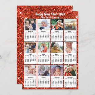 Cartão De Festividades 2023 Calendar Modern Family 12 Photo Red Glitter
