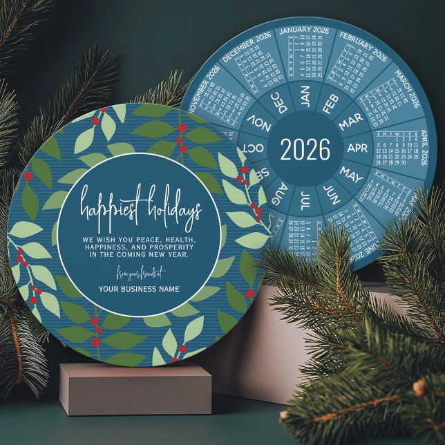 Cartão De Festividades 2024 Calendar - Blue Green Botanical Happiest (2026 Calendar on a Business Holiday Card)