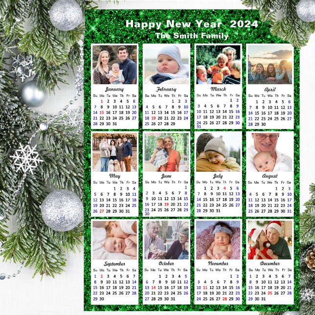 Cartão De Festividades 2024 Calendar Modern Family 12 Foto Festiva Verde (Criador carregado)