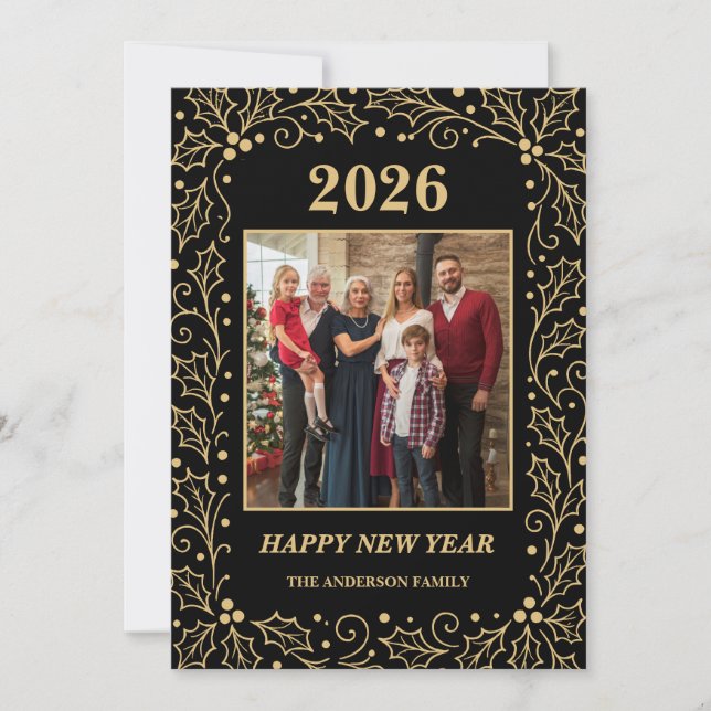 Cartão De Festividades 2026 Black & Antique-Gold Family New Year Photo (Frente)