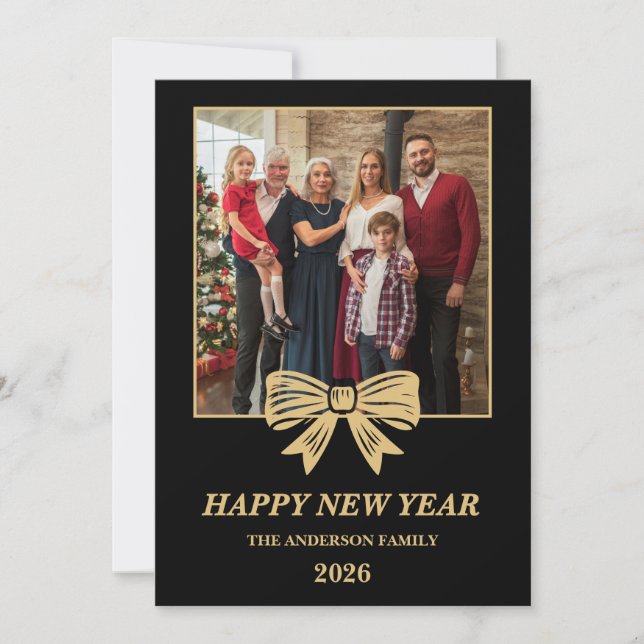 Cartão De Festividades 2026 Black & Gold Bow Family New Year Photo (Frente)