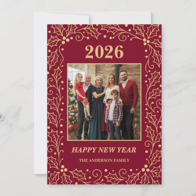 Cartão De Festividades 2026 Burgundy & Antique-Gold Family New Year Photo (Frente)