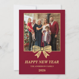 Cartão De Festividades 2026 Burgundy & Gold Bow Family New Year Photo