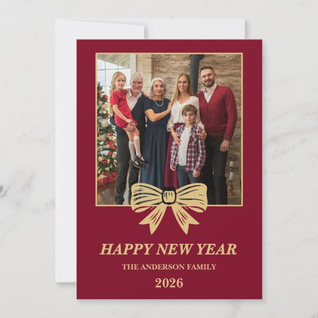 Cartão De Festividades 2026 Burgundy & Gold Bow Family New Year Photo (Frente)