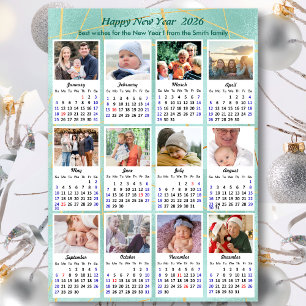 Cartão De Festividades 2026 Calendar Mint Green Glitter Family 12 Foto