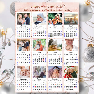 Cartão De Festividades 2026 Calendar Modern Pink Glitter 12 Colagem de Fo