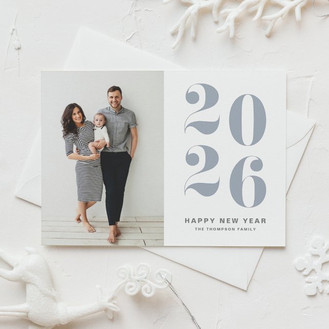 Cartão De Festividades 2026 Dusty Blue Bold Typography New Year Photo (Ring in 2026 with this dusty blue Happy New Year Photo Card featuring retro bold typography.)