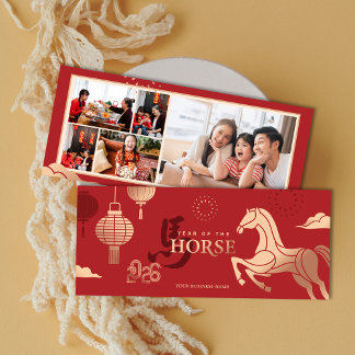 Cartão De Festividades 2026 Fotos Cavalo Dourado Ano Novo Chinês Saudação
