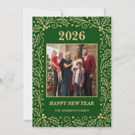 Cartão De Festividades 2026 Green & Antique-Gold Family New Year Photo