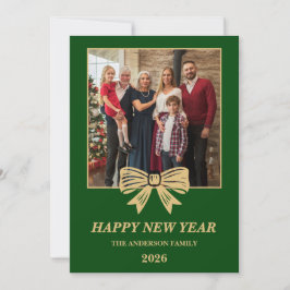 Cartão De Festividades 2026 Green & Gold Bow Family New Year Photo
