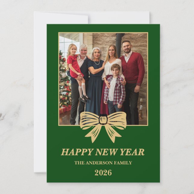 Cartão De Festividades 2026 Green & Gold Bow Family New Year Photo (Frente)