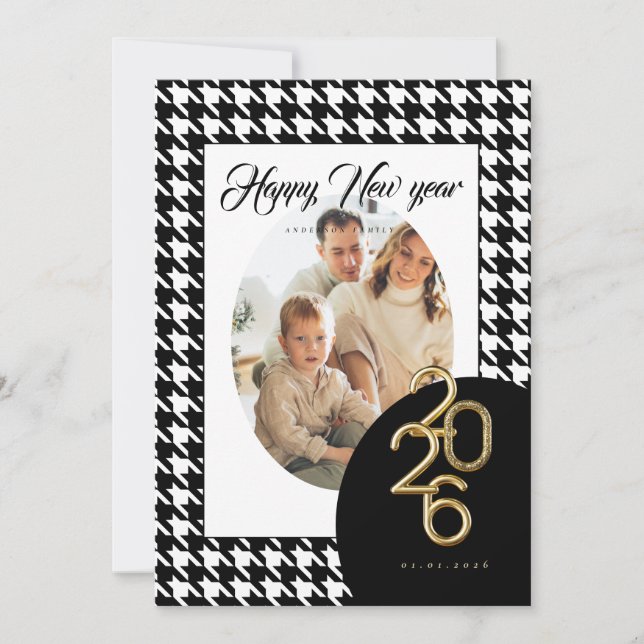 Cartão De Festividades 2026 Happy New Year Classic Houndstooth One Photo (Frente)