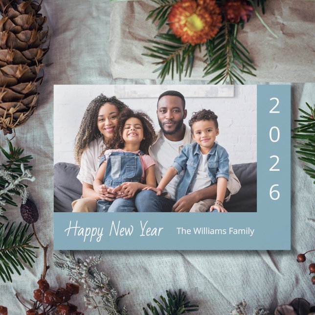 Cartão De Festividades 2026 Happy New Year Family Photo Blue Modern (Criador carregado)