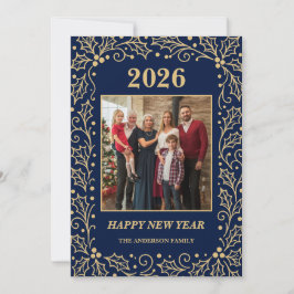 Cartão De Festividades 2026 Navy & Antique-Gold Family New Year Photo