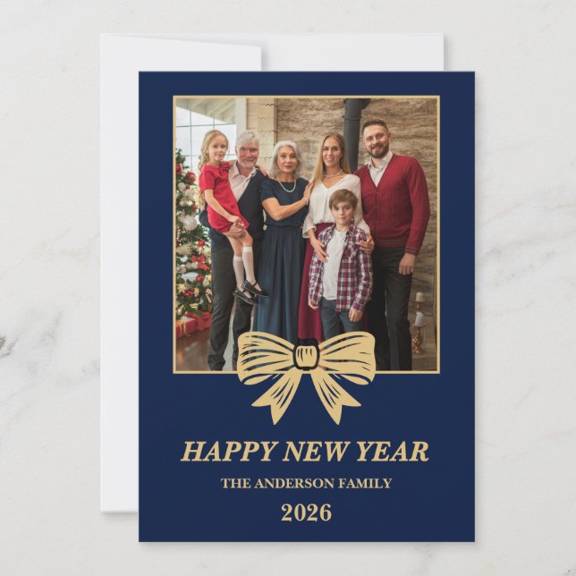 Cartão De Festividades 2026 Navy & Gold Bow Family New Year Photo (Frente)