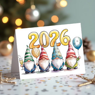 Cartão De Festividades 2026 New Year Cute Gnomes Celebration Party