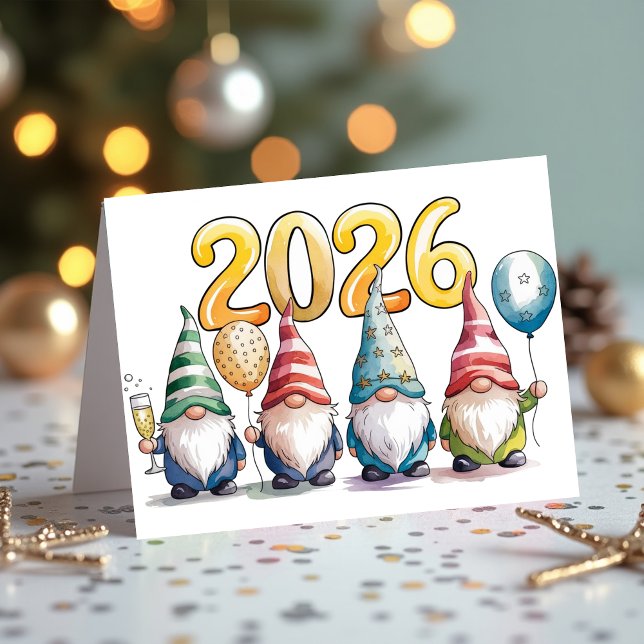 Cartão De Festividades 2026 New Year Cute Gnomes Celebration Party (2026 New Year Cute Gnomes Celebration Party Holiday Card)