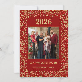 Cartão De Festividades 2026 Red & Antique-Gold Family New Year Photo
