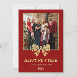 Cartão De Festividades 2026 Red & Gold Bow Family New Year Photo