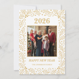 Cartão De Festividades 2026 White & Antique-Gold Family New Year Photo