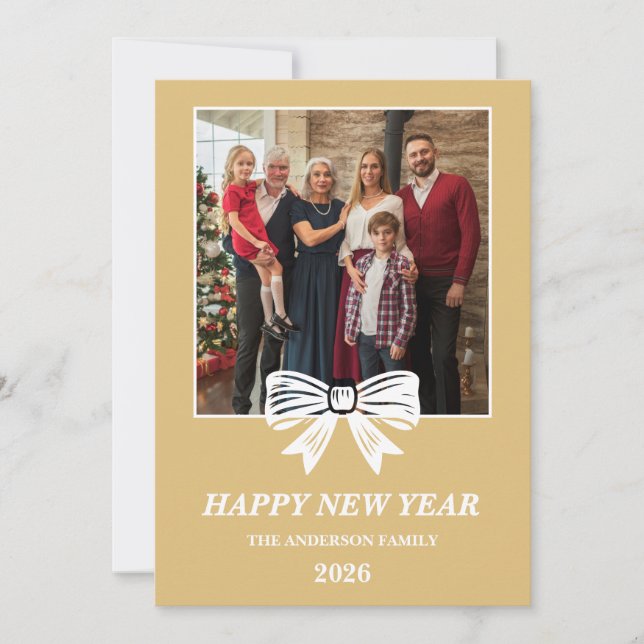 Cartão De Festividades 2026 White & Gold Bow Family New Year Photo (Frente)