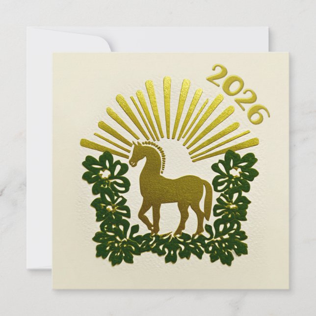 Cartão De Festividades 2026 Year of the Horse Gold Design (Frente)
