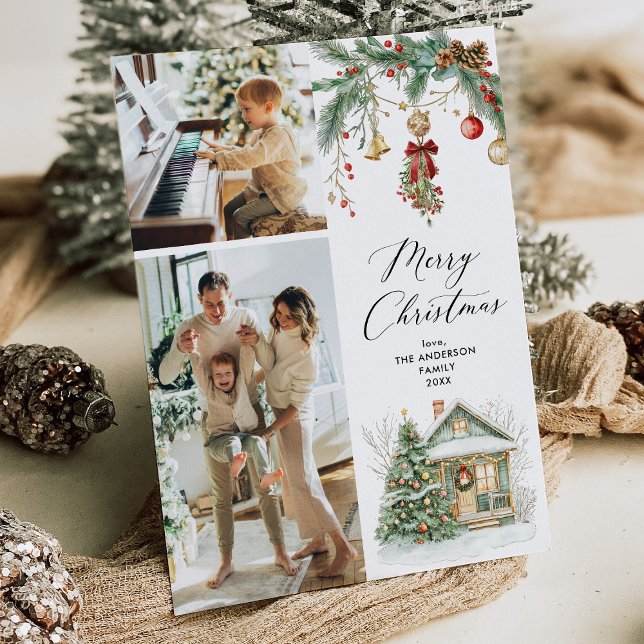 Cartão De Festividades 2 Foto Feliz Natal Folhagem Verde de inverno (Criador carregado)