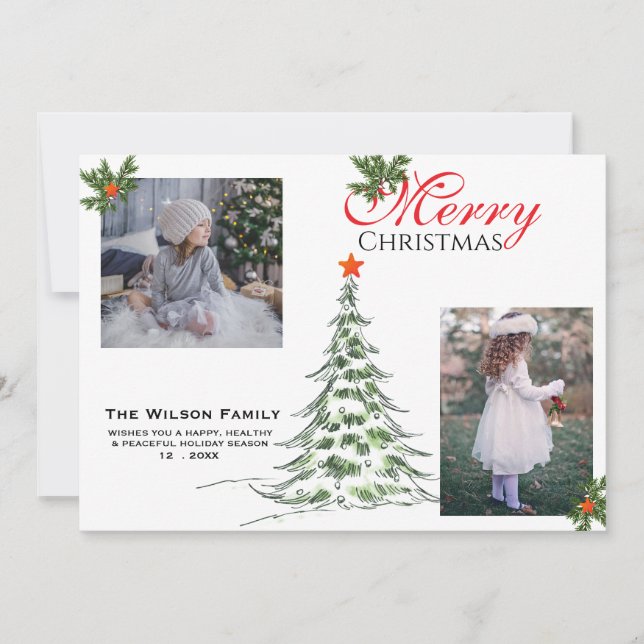 Cartão De Festividades 2 Foto Feliz Natal & Galhos Verdes (Frente)